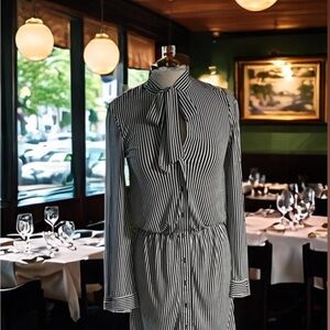 Ann Taylor Sz S Black White Striped Button Down Long Sleeve Dress